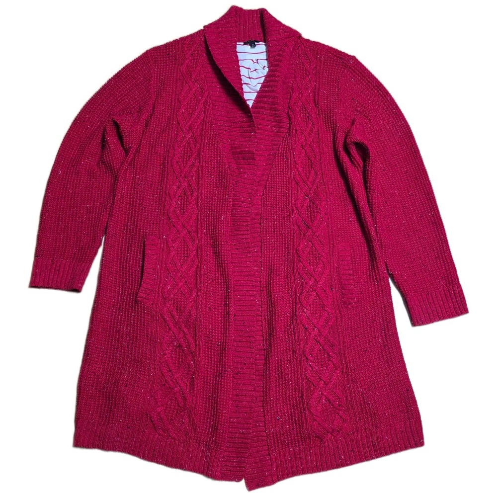 TALBOTS Long Cardigan Sweater Women Size XL Red Cable Knit Shawl Collar